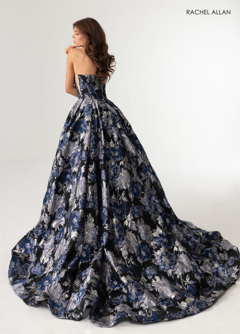 Print Strapless A-line Slit Gown by Rachel Allan 70975