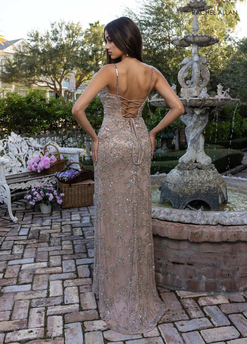 Beaded Sleeveless Slit Gown by Rachel Allan 70999