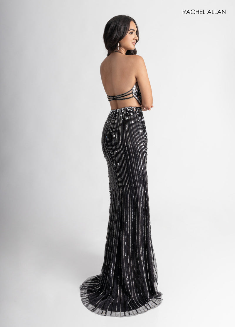 Mirror Beaded V-Neck Slit Gown by Rachel Allan 71011
