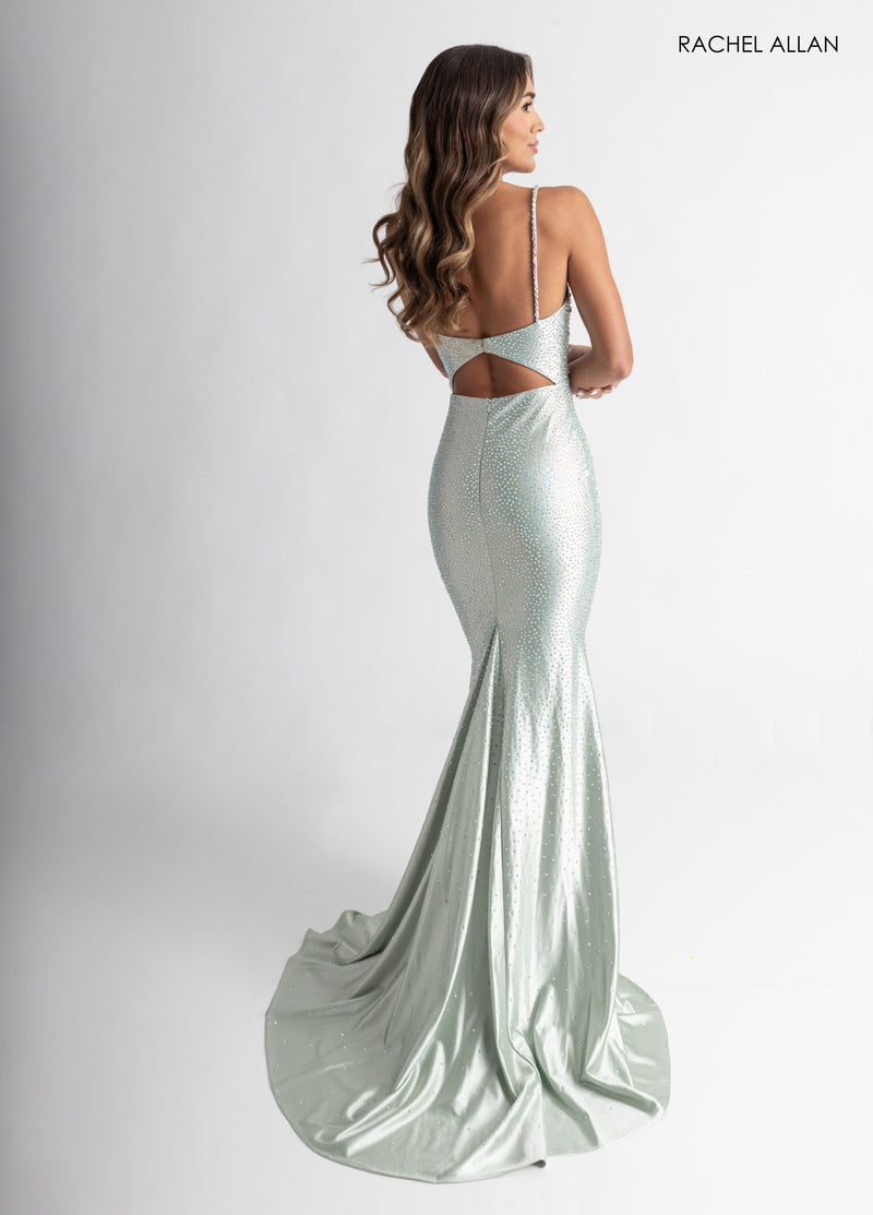 Satin Sleeveless Slit Gown by Rachel Allan 71014