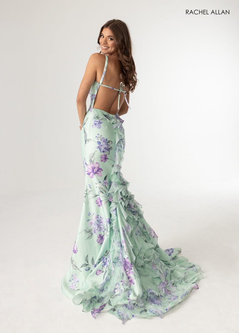 Floral Print Fitted Ruffled Gown by Rachel Allan 71023