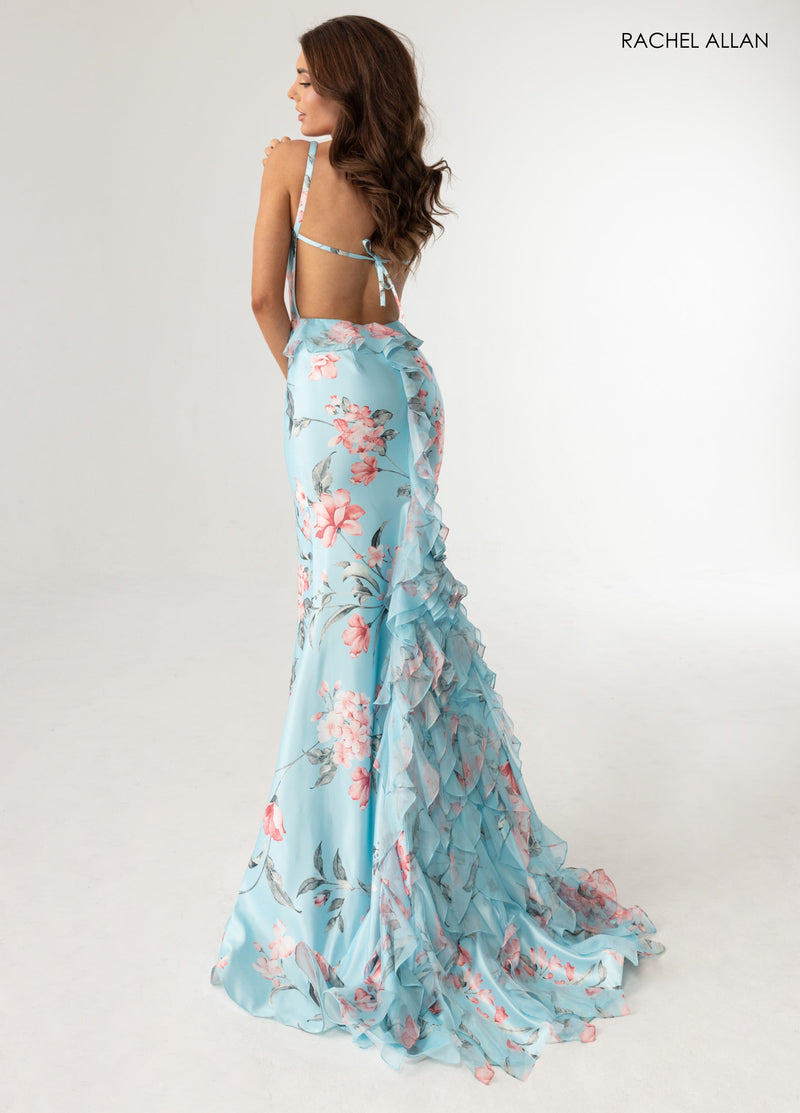 Floral Print Fitted Ruffled Gown by Rachel Allan 71023