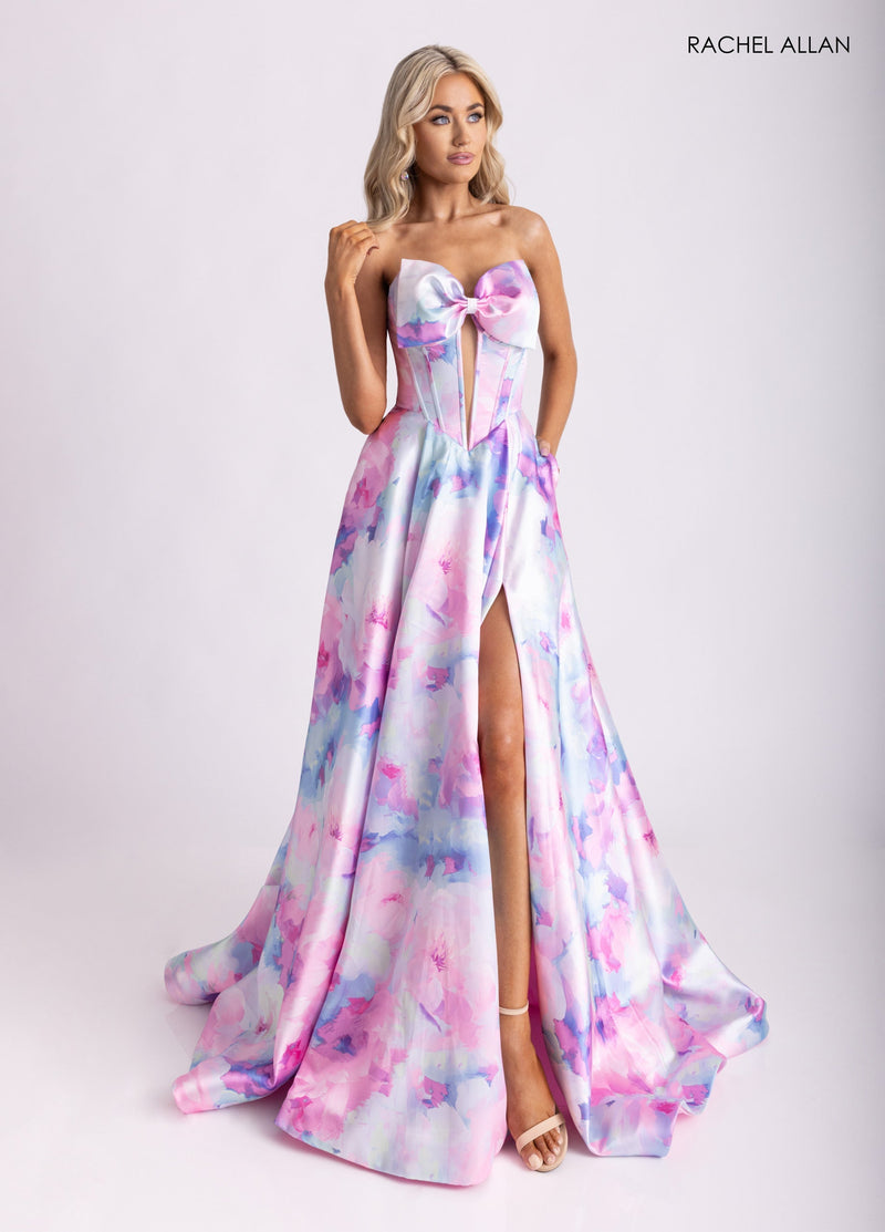 Print Strapless A-line Slit Gown by Rachel Allan 71036