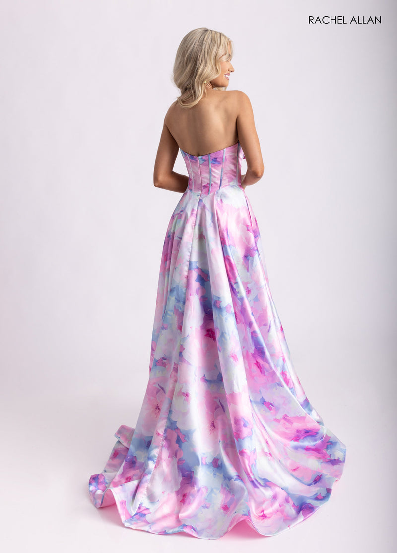 Print Strapless A-line Slit Gown by Rachel Allan 71036