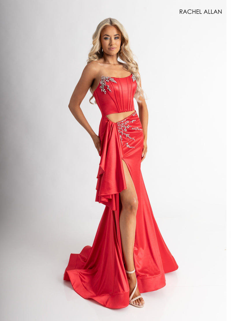 Satin Cutout Slit Gown by Rachel Allan 71061