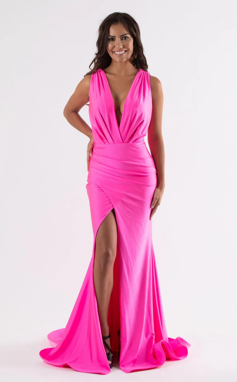 Jessica Angel JA747 Sleeveless Fitted High Slit V-Back Ruched Jersey Dress