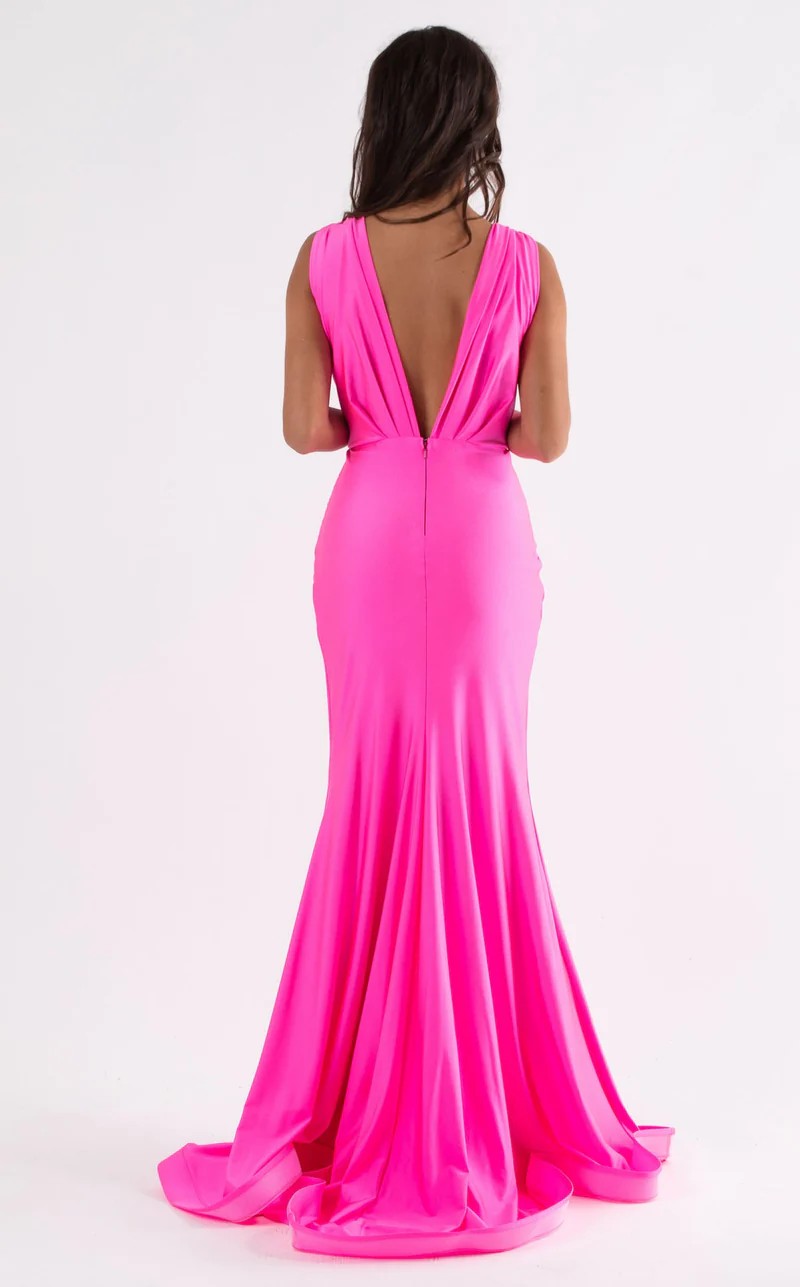 Jessica Angel JA747 Sleeveless Fitted High Slit V-Back Ruched Jersey Dress