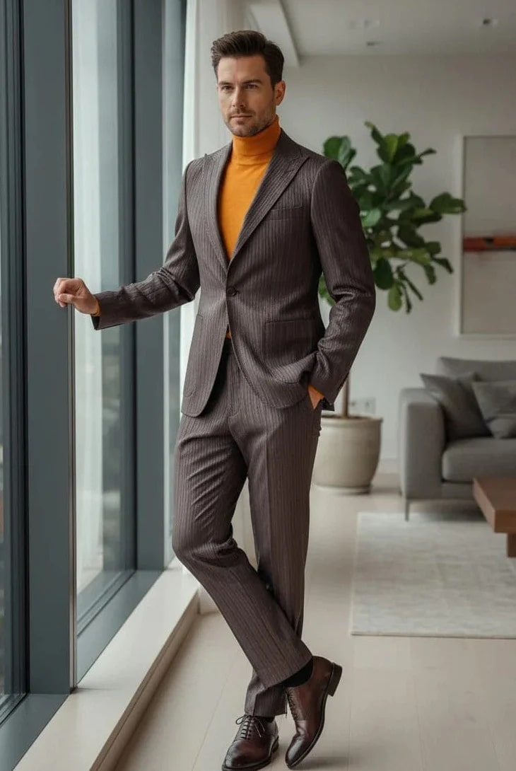 Brown, slim fit men's suit with subtle pinstripes. Features a one-button peak lapel jacket and slim trousers. Woven fabric for a structured look. Paired with an orange turtleneck.