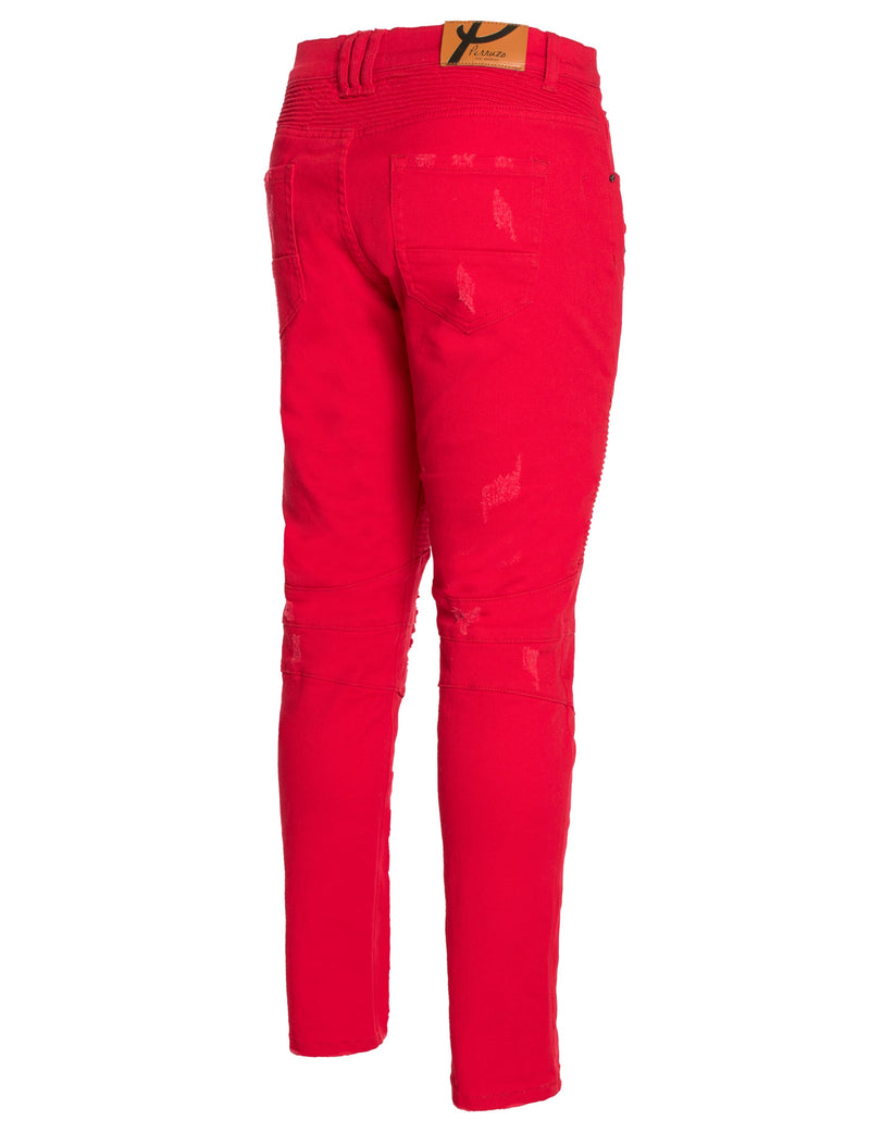 Distressed Moto Jeans in Red color