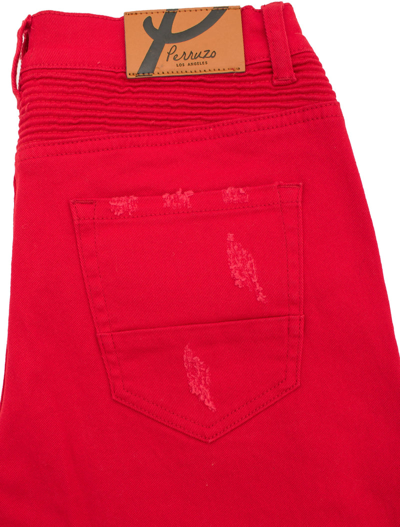 Distressed Moto Jeans in Red color