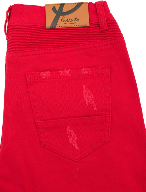 Distressed Moto Jeans in Red color