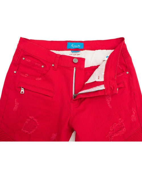 Distressed Moto Jeans in Red color
