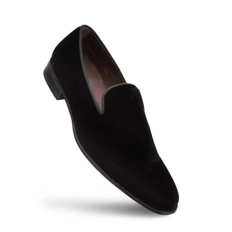 Mezlan Lublin men's black velvet slip-on loafers: sleek, rounded toe, low profile. Subtle vamp cutout. Black leather outsole. Formal and stylish design.