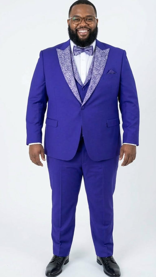Purple and white tuxedo suit for men. Purple jacket with patterned white lapel, matching trousers, and white shirt. Bow tie and pocket square mirror the lapel. Fitted design with dual-button jacket closure.