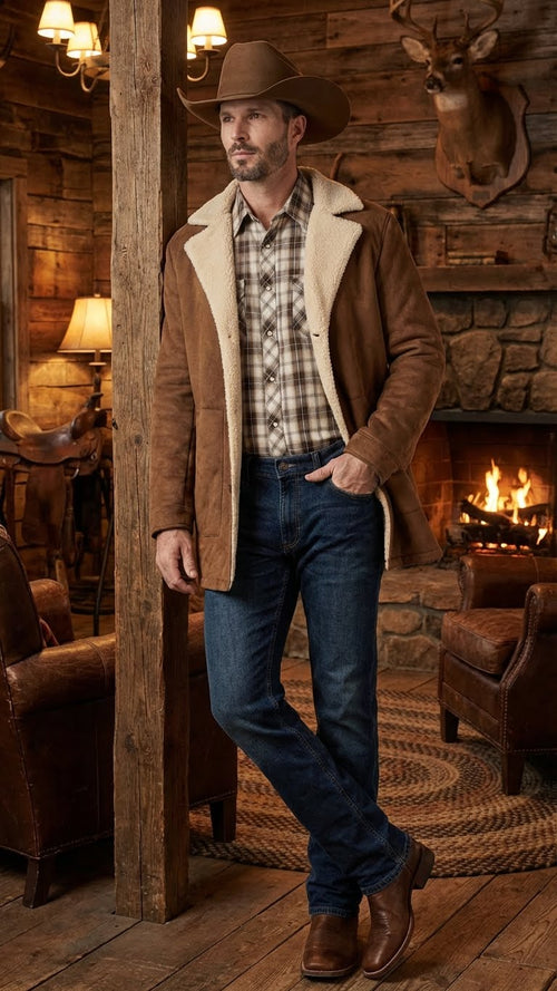 Men’s brown western faux suede blazer coat features a soft, textured surface, a notched collar with a shearling lining, and a straight-cut design. The coat presents a solid brown color without visible patterns.