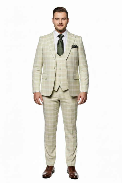 Men's light beige check 3-piece suit with blazer (notch lapels, fitted), vest, and straight-cut trousers. Lightweight fabric, subtle white lines. Dark green tie for contrast.