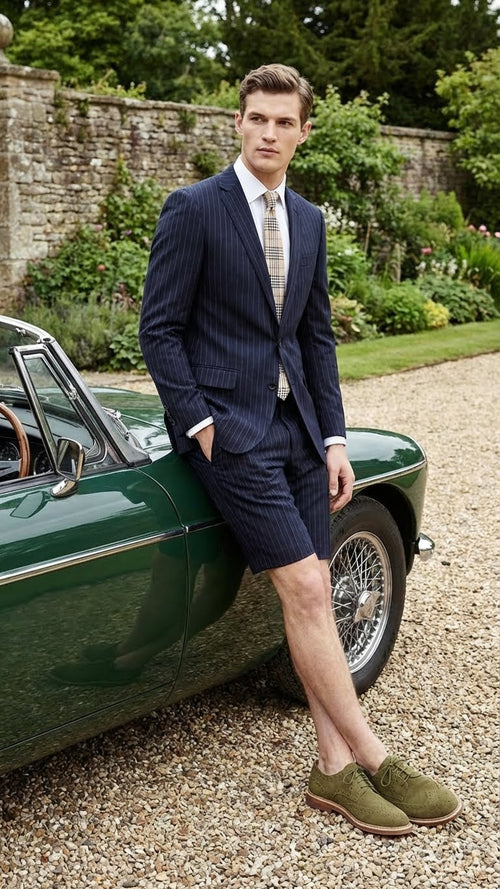 Men’s dark navy blue pinstripe summer business suit features a fitted blazer with notch lapels and matching shorts. The fabric is smooth, showcasing vertical pinstripes.