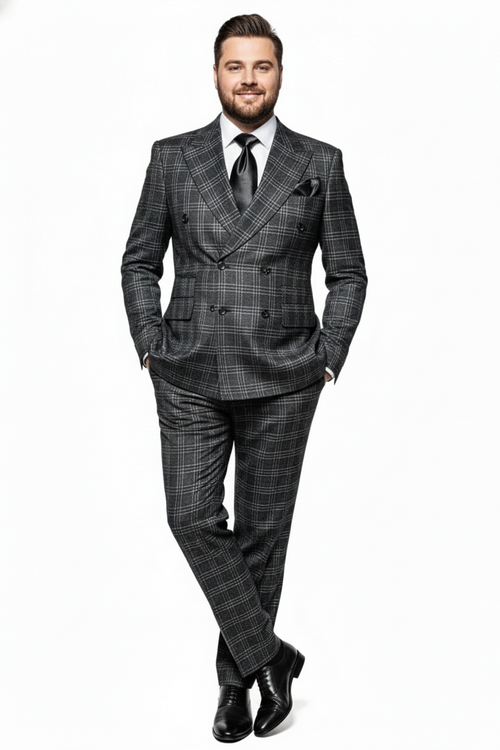 Men's charcoal plaid double-breasted suit: structured, tailored fit. Gray plaid pattern, broad lapel, double buttons. Straight-cut trousers. Black tie, pocket square, and shoes complete the formal look.