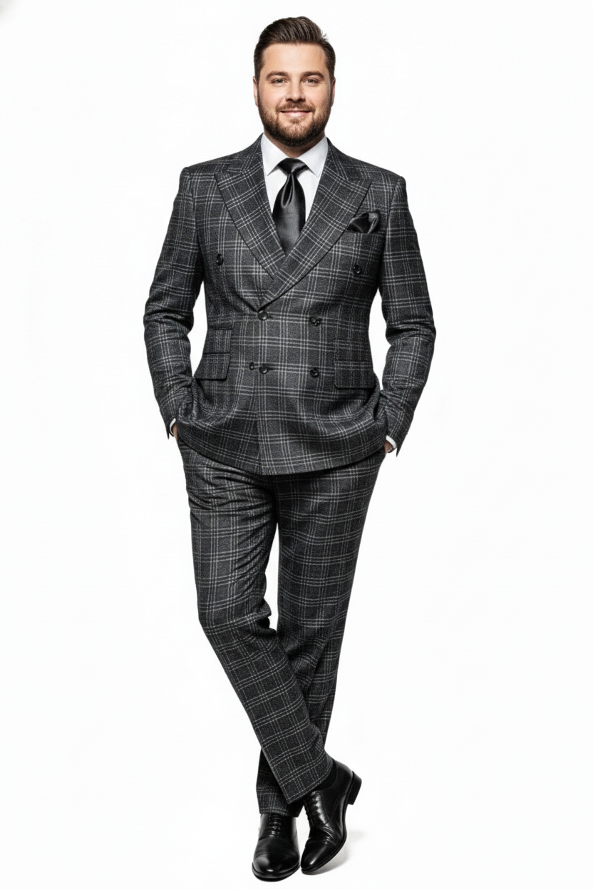 Men’s Charcoal Plaid Double-Breasted Suit – Tailored Pants Windowpane Pattern By Rossiman