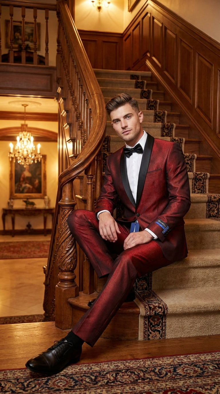 Mens Shiny Burgundy Satin Tuxedo Jacket with Black Shawl Lapel | Formal Wedding & Prom Blazer - Sharkskin Fabric