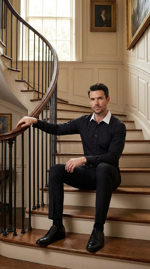 Mens Black Dress Shirt with White Contrast Collar | French Cuff Cotton Poplin Formal Button-Up Shirt