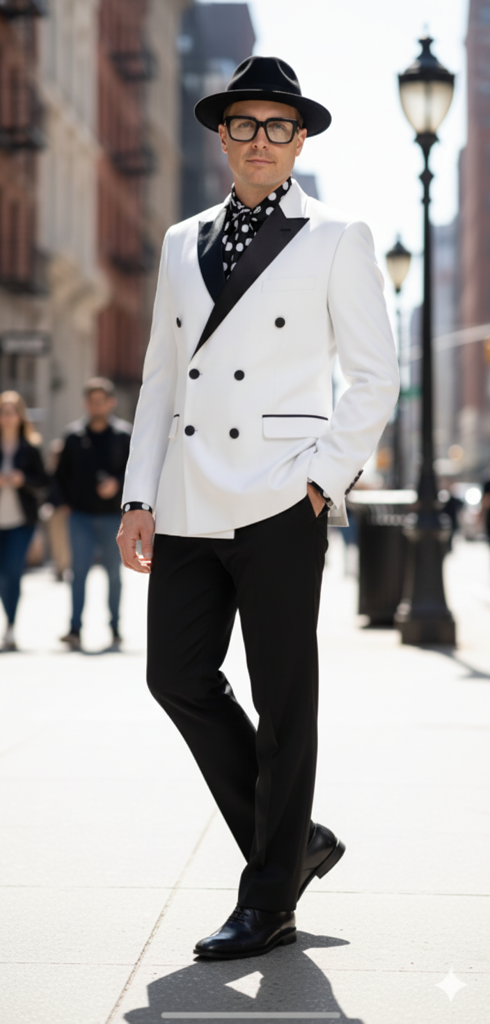 Men's slim-fit white double-breasted tuxedo with black shawl lapel, buttons, and formal trousers. Includes black dress shoes.