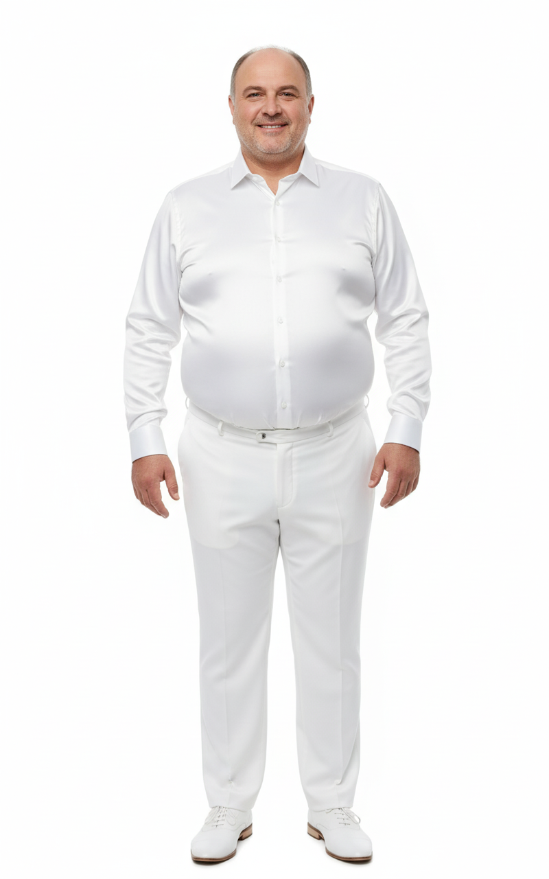 Men's white satin dress shirt with long sleeves and button-up front. Smooth, shiny fabric for a formal, polished appearance.