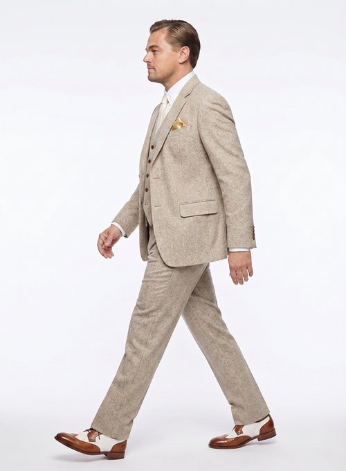 Men’s Light Tan Tweed Great Gatsby 3 Piece Suit – Vintage Vested Wedding Suit, 1920s Classic Formal Outfit Herringbone
