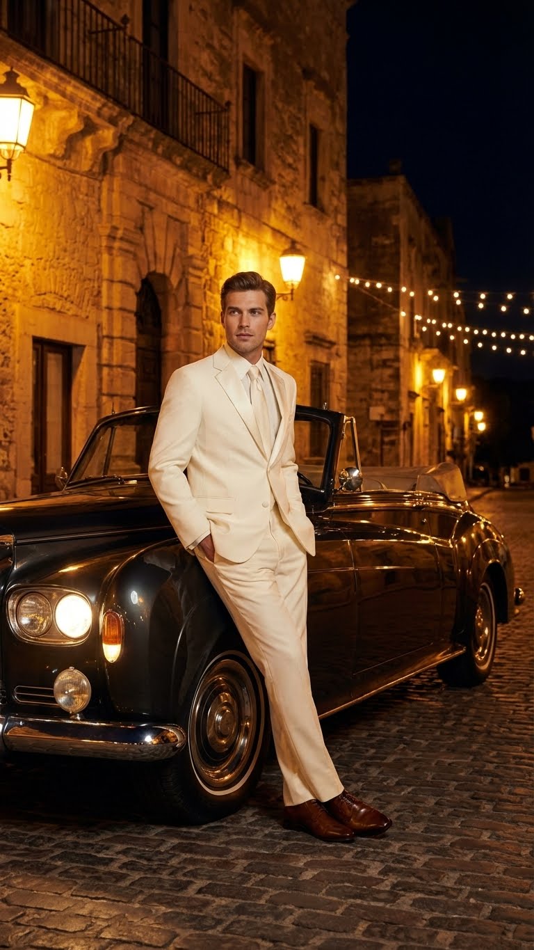 Ivory tuxedo suit with satin notch lapel, single-breasted design, and tailored fit. Lightweight, smooth fabric. Includes matching ivory trousers for a refined look.