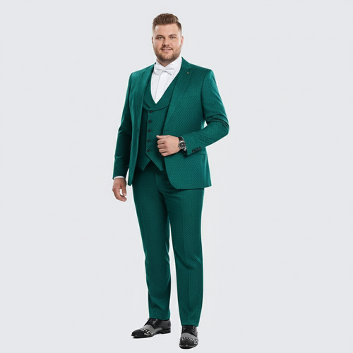 Men's emerald green 3-piece suit. Features single-breasted jacket, flat-front trousers, and waistcoat. Crafted from textured fabric with a subtle pattern.