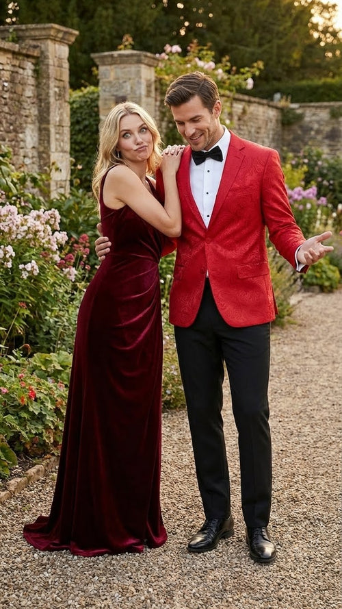 Men's red paisley velvet blazer. Fitted with single-button closure & notched lapels. Rich, textured fabric displays an intricate matching paisley pattern.