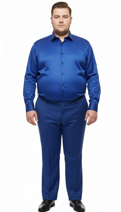 Men's royal blue satin dress shirt. Classic long sleeves, button-front closure. Smooth, shiny, solid color material. Perfect for formal occasions.