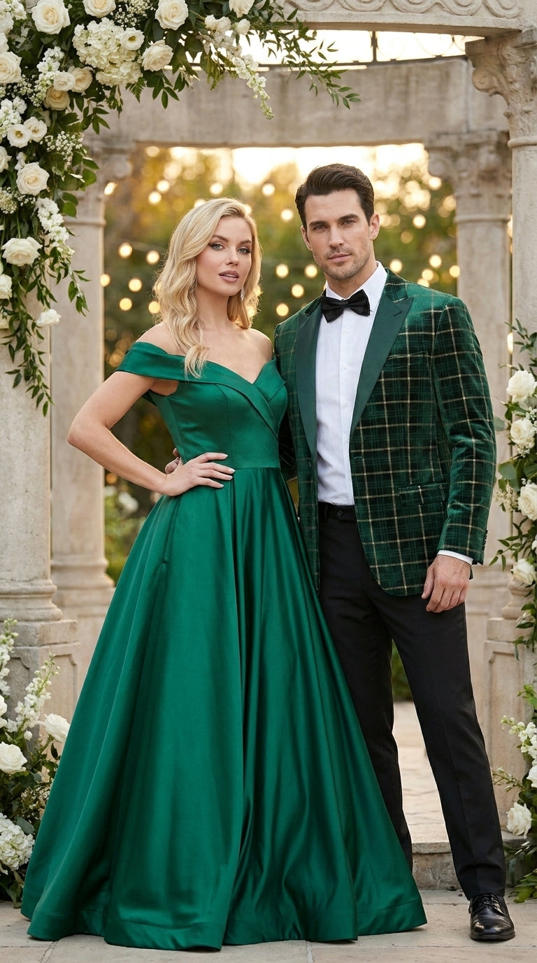 Man in a green plaid suit and woman in a green evening gown standing together outdoors with floral decorations.