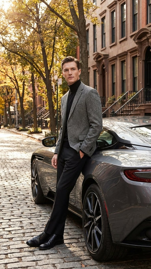 Men's grey tweed herringbone sport coat. Fitted silhouette, notched lapels, two-button closure. Subtle textured pattern. Classic and refined.