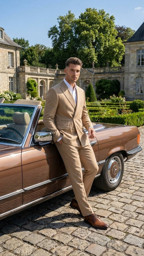 The Vitali brand men's beige double-breasted suit features a tailored fit with a structured silhouette, made from a light fabric. The suit is a solid beige color with six buttons visible on the front.