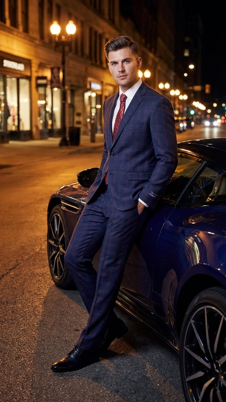 Navy blue and burgundy checkered two-piece suit with windowpane design. Fitted blazer with notched lapel and single-button front. Tailored trousers with straight legs. Woven fabric, prominent color contrast.