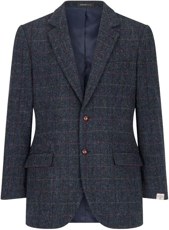 Men's Walker and Hawkes Blakemore blazer in Harris Tweed. Tailored, dark blue tweed with red check. Two-button front, notch lapel, two pockets, and lined interior. Fitted, structured silhouette.