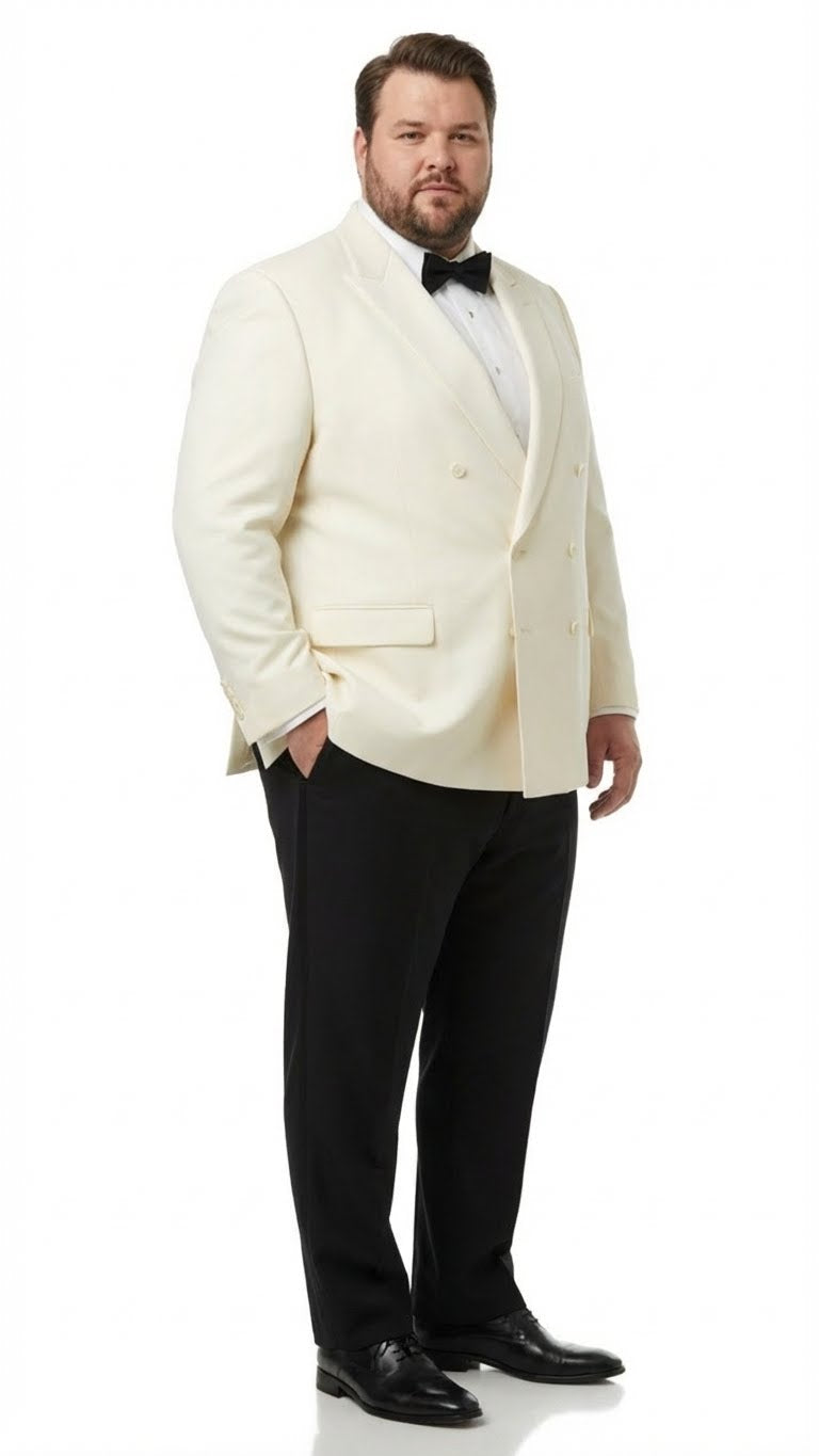 Ivory men's double-breasted tuxedo jacket. Shawl lapel, structured fit, button closure, side pockets. Smooth, solid ivory fabric.