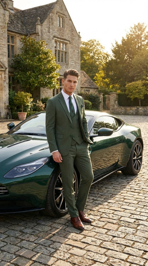 Men’s Forest Green Three Piece Suit – Double Breasted Vest Formal Wedding and Business Suit Set Olive Green Slim Fit