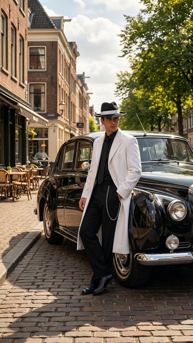 Mens White Long Zoot Style Suit | Vintage Gangster Mafia Formal Coat with Black Pants