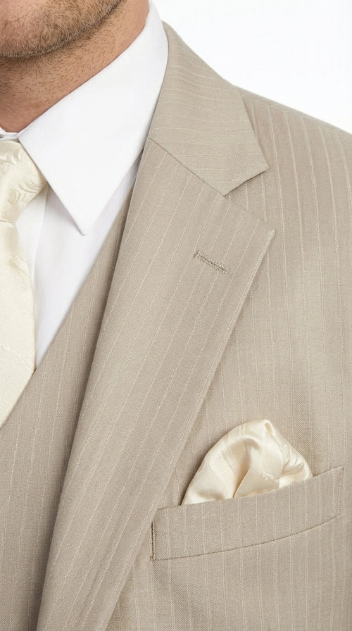 Men’s Tan Pinstripe Three Piece Suit – Classic Fit Pleated Pants Tan Sand Beige Wedding, Church Shadow Ton on Tone Business Suit for Men