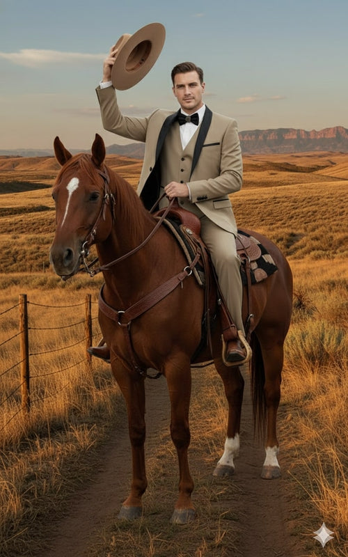 Tan cowboy suit: tailored three-piece with black lapel & beige pants. Structured fit, smooth fabric. Includes matching vest. Man holds a large tan hat.