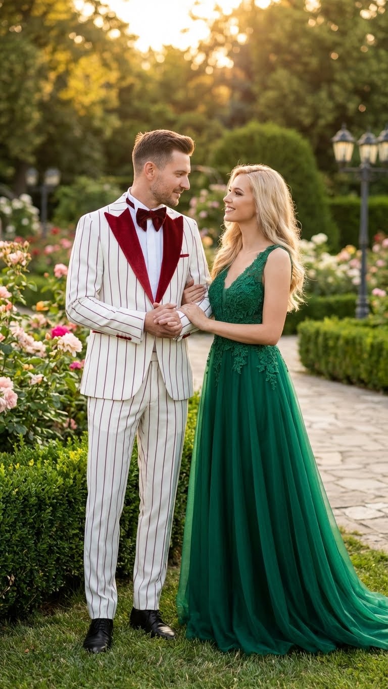 White tuxedo with dark red pinstripes and velvet shawl lapel. Features dark red lapel and bow tie. Slim-fit silhouette.