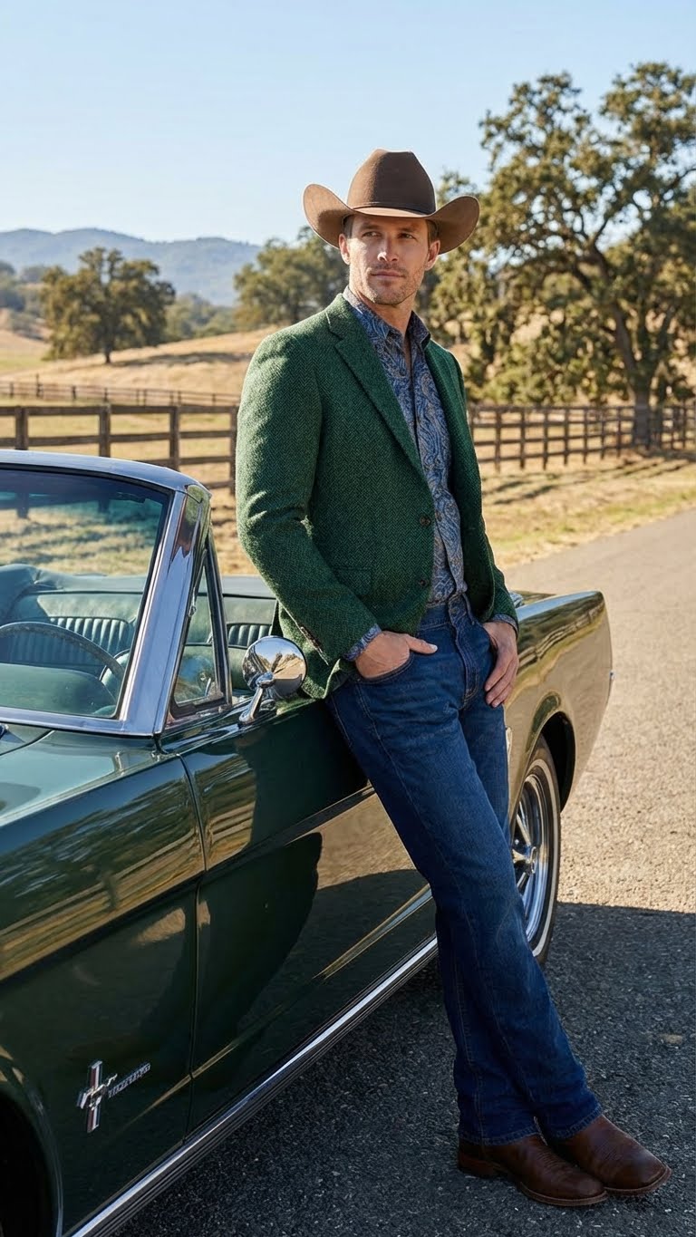 Mens Green Western Blazer Jacket – Classic Cowboy Style Sport Coat for Tweed Herringbone Country Look