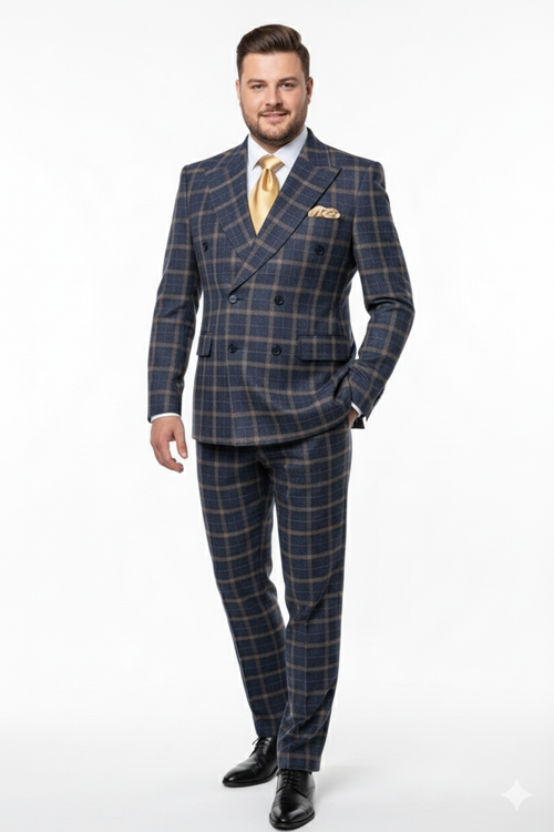 Camel bronze khaki double-breasted suit with checked pattern. Jacket: broad lapels, 4 buttons, 2 pockets. Trousers: straight leg fit.