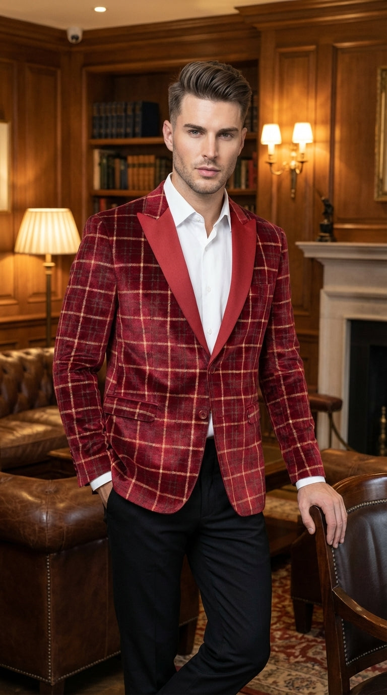 Mens Red Burgundy Plaid Blazer with Contrast Lapel – Velvet Fabric Check Prom Blazer Jacket for Party, Christmas New Year Holiday Jacket