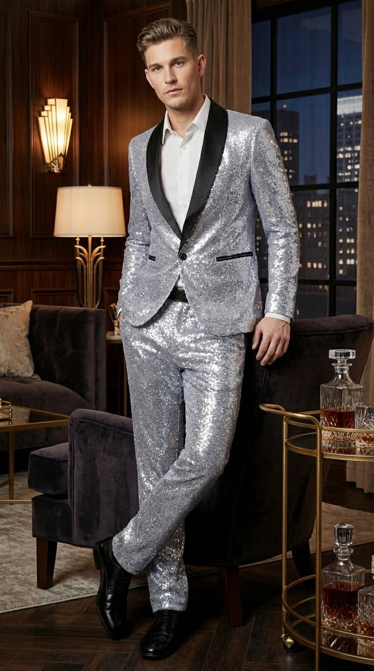 Mens Silver Grey Sequin Tuxedo Suit – Shiny Wedding Suit Set with Black Lapel for Prom, Party, Gala and Formal Evening Wear