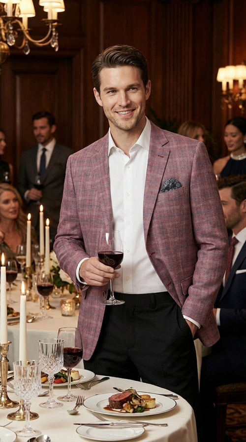 Mens Dusty Rose Mauve Pink with Tint of Blue Plaid Sport Coat Blazer ā Classic Check Pattern Casual Blazer Jacket for Business Casual, Wedding