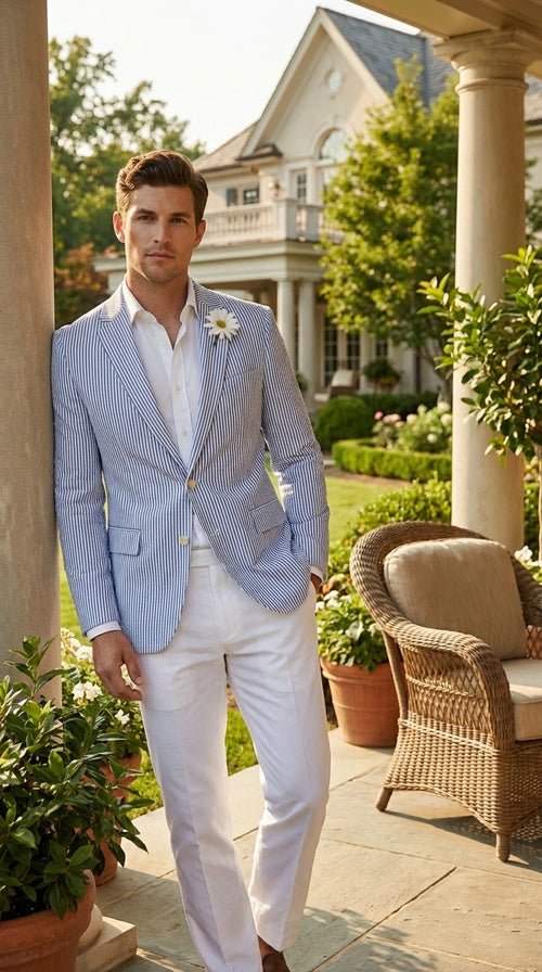 Mens Blue Seersucker Blazer – Lightweight Striped Summer Sport Coat Casual Smart Formal Jacket