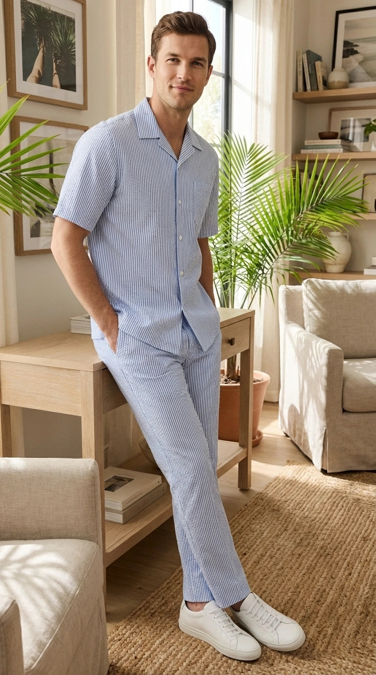 ens Light Blue Seersucker Walking Suit Set – Casual Summer Short Sleeve Outfit with Matching Pants Lightweight Two Piece Outfit